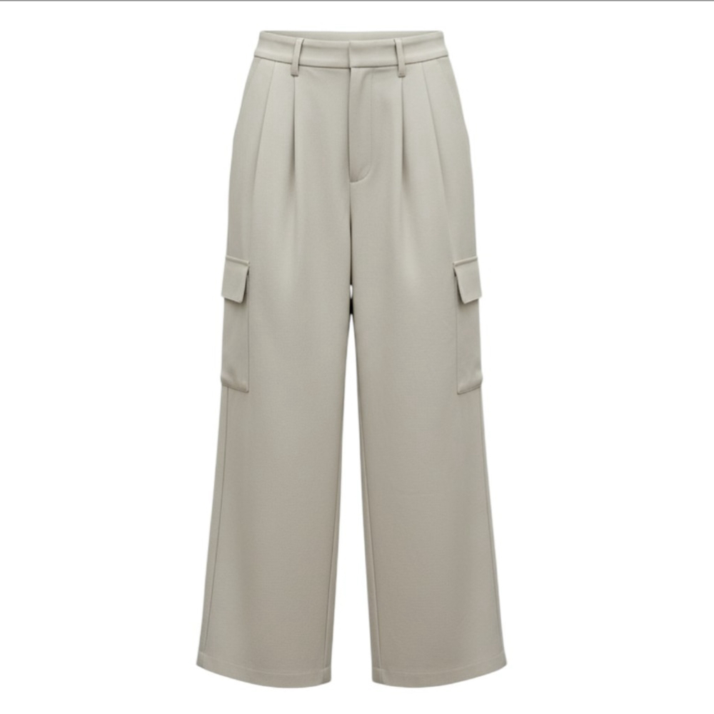 Hollister High-Rise Wide-Leg Pleated Cargo Pants Cream Beige XS Excellent